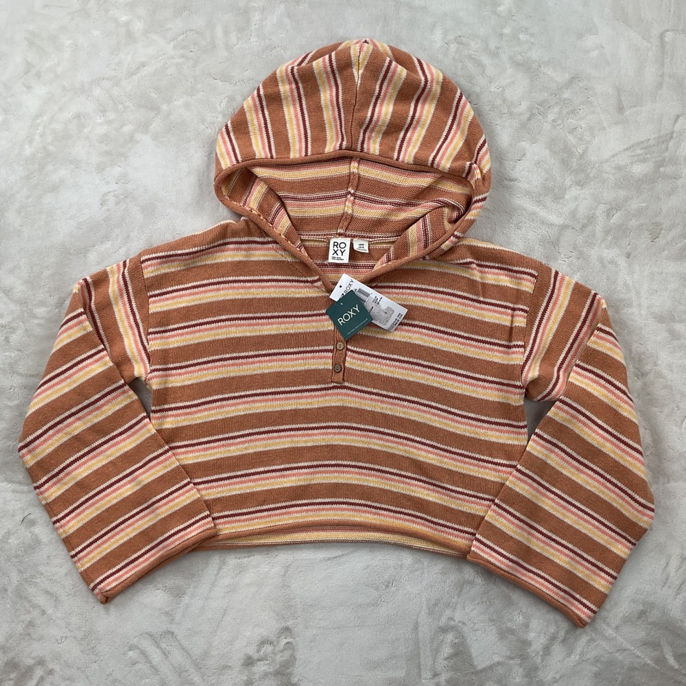 Roxy Side Swipe Striped Knit Hoodie Terracotta Multi ARJSW03288 Womens Small NWT